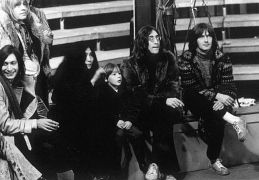 Charlie Watts, Brian Jones, Yoko Ono, Julian Lennon & Eric Clapton on the set of The Rolling Stones' 'Rock 'n' Roll Circus' in 1968